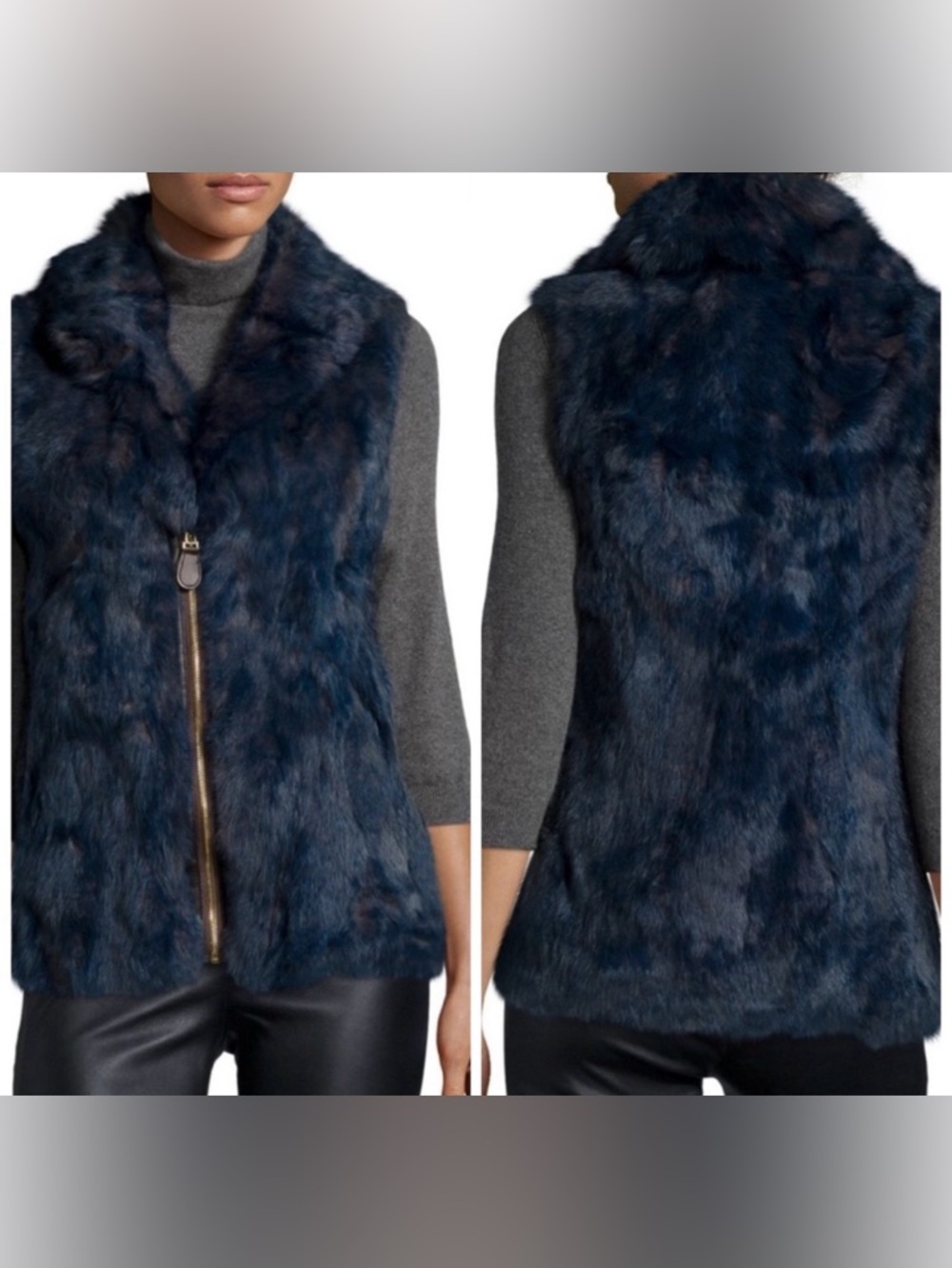 Patrizia Luca Milano Genuine Rabbit Fur Vest | Blue/Gray | NWT | Luxe Zip Front